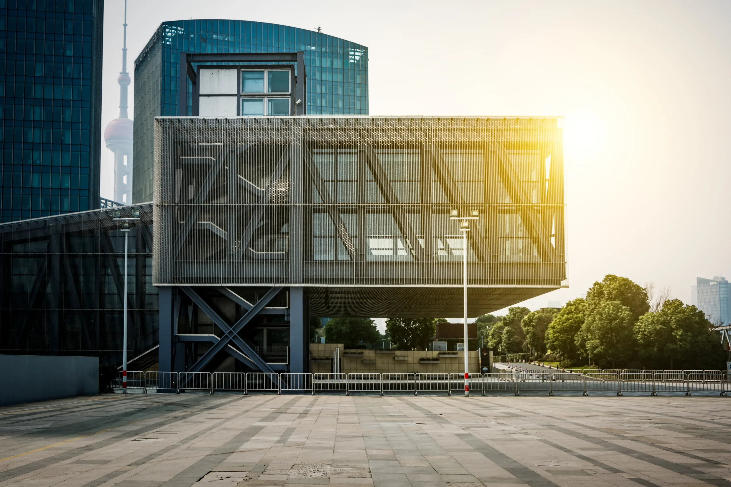 Modern commercial building with steel structure and glass façade, showcasing urban architecture and design