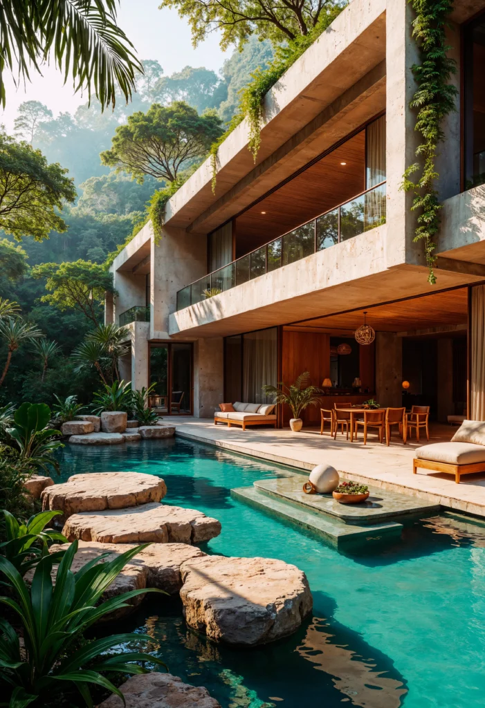 Modern luxury home with a swimming pool, surrounded by lush greenery and a contemporary design featuring stone steps and open living spaces.