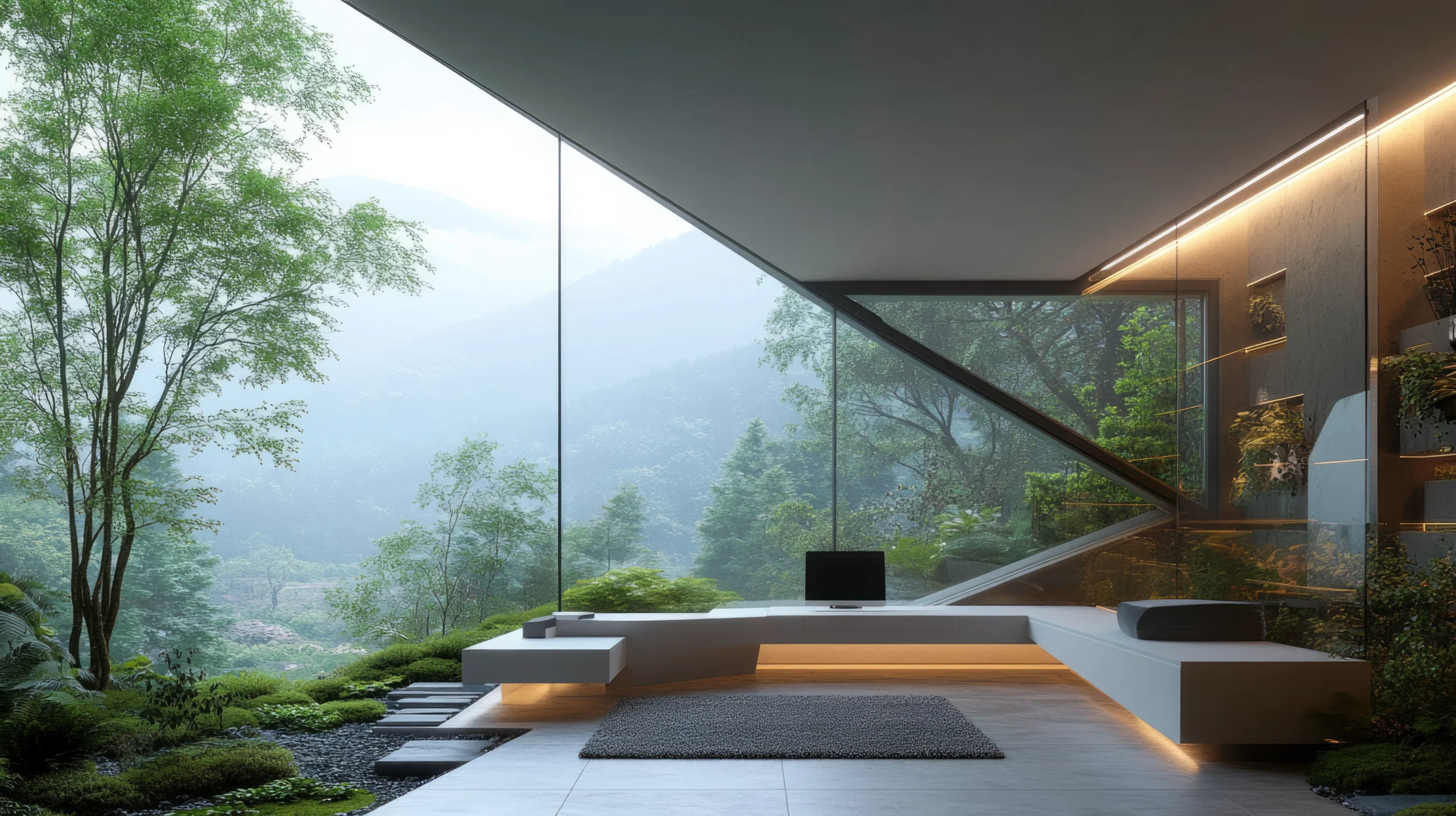 Modern living room with large glass windows showcasing a lush green landscape, creating a tranquil indoor-outdoor connection
